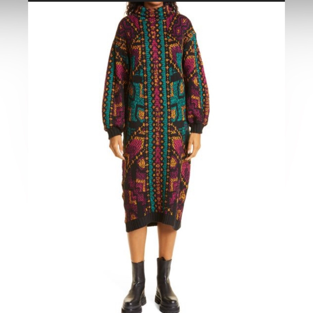 Farm Rio Yawanawa Stripes Jacquard Midi Sweater Dress